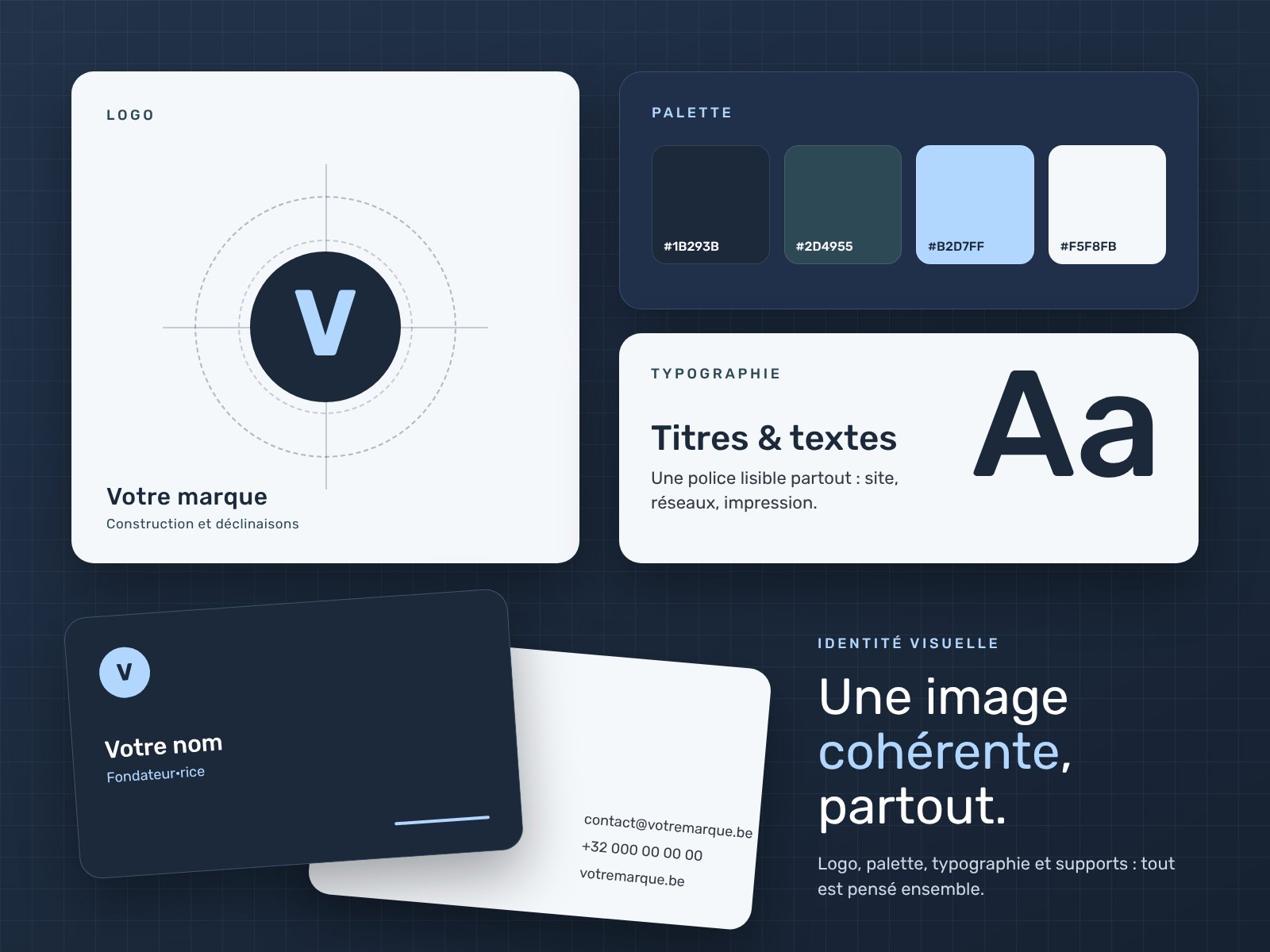 Identité visuelle : logo, palette de couleurs, typographie et cartes de visite